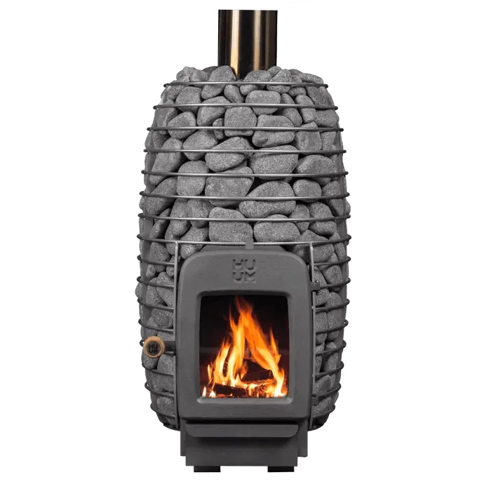 HUUM HIVE Heat Series 12kW LS Sauna Heater Package - flaming stove inside a metal basket filled with rocks