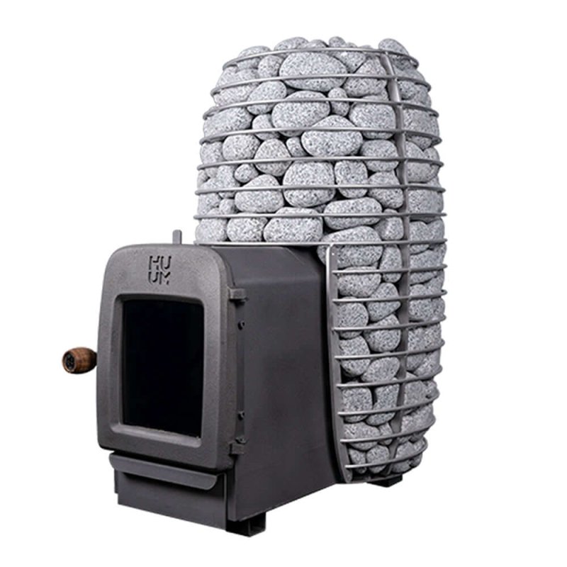 HUUM HIVE Heat 12 Wood Burning Sauna Stove - full sideview of the basket filled with stones highlighting the stove