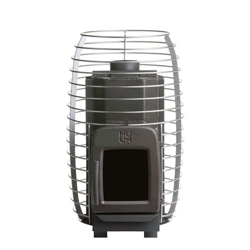 HUUM HIVE Heat 12 Wood Burning Sauna Stove - full front view of the metal basket without the stones inside