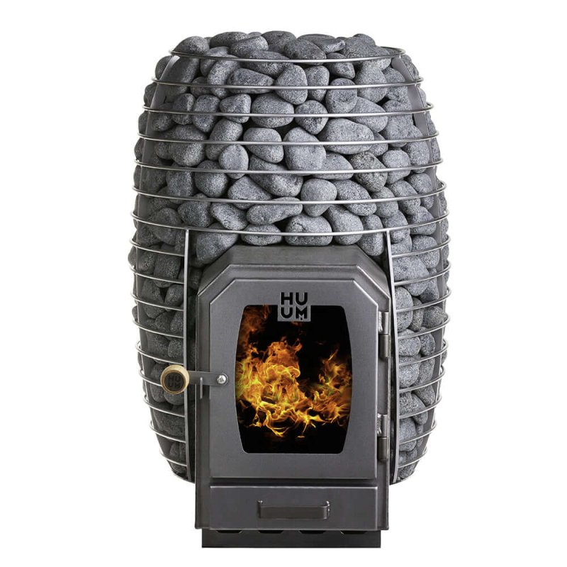 HUUM HIVE Wood 13 Wood Burning Sauna Stove - metal basket filled with rocks, with built- in flaming stove in front 