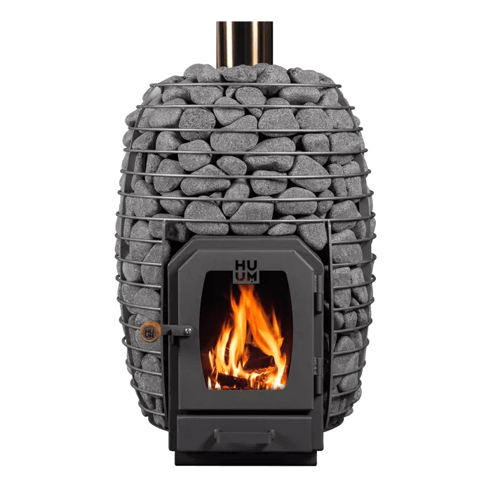 HUUM HIVE Wood 13 Wood Burning Sauna Stove - metal basket filled with rocks, with flaming stove in front 