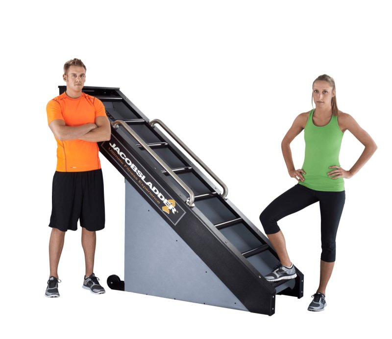 Jacobs Ladder 2 Residential Ladder Climbing Machine -  a man and woman standing next to a black and grey ladder machine