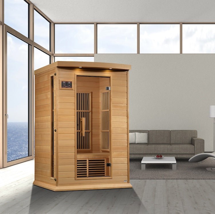 Maxxus 2-Person Near Zero EMF FAR Infrared Sauna - indoors next to a couch