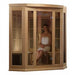 Maxxus 3-Person Corner Low EMF FAR Infrared Sauna - with woman inside