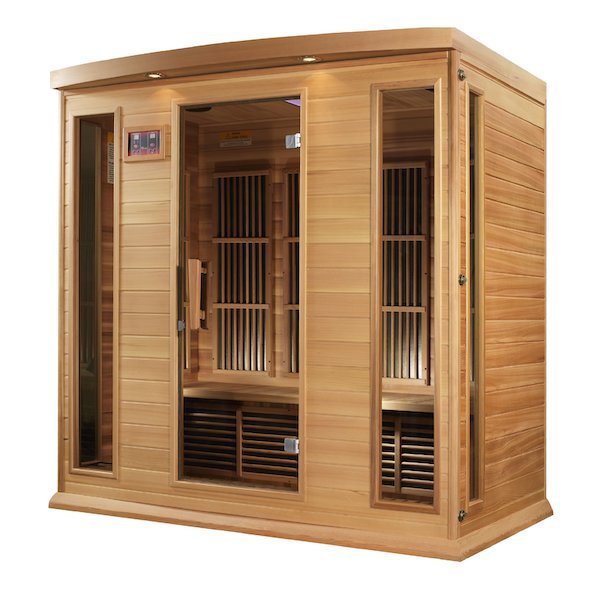 Maxxus 4-Person Low EMF FAR Infrared Sauna - glass display with wooden walls