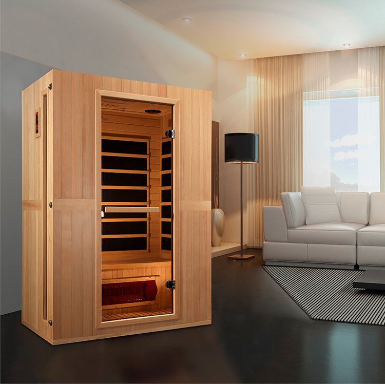 Maxxus Serenity 2-Person Low EMF FAR Infrared Sauna - indoors next to a couch