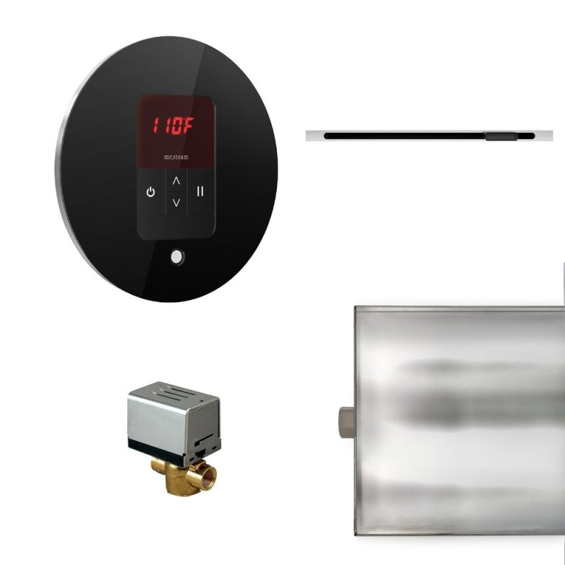 Mr. Steam Basic Butler Linear Steam Shower Control Package with iTempo Control and Linear SteamHead Round - black device with led display