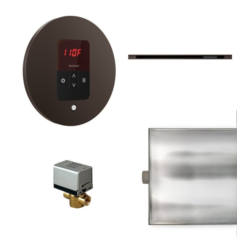 Mr. Steam Basic Butler Linear Steam Shower Control Package with iTempo Control and Linear SteamHead Round - brown device with led display