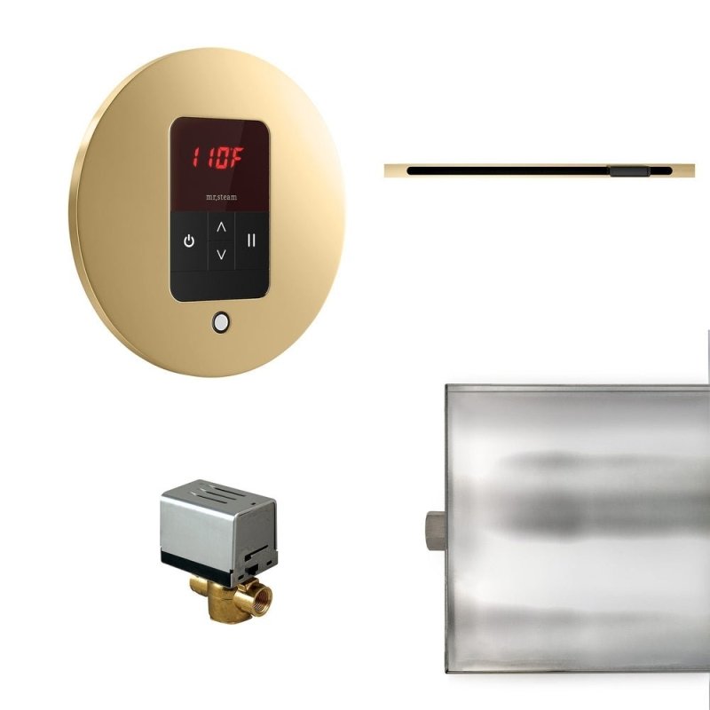 Mr. Steam Basic Butler Linear Steam Shower Control Package with iTempo Control and Linear SteamHead Round - brass device with led display