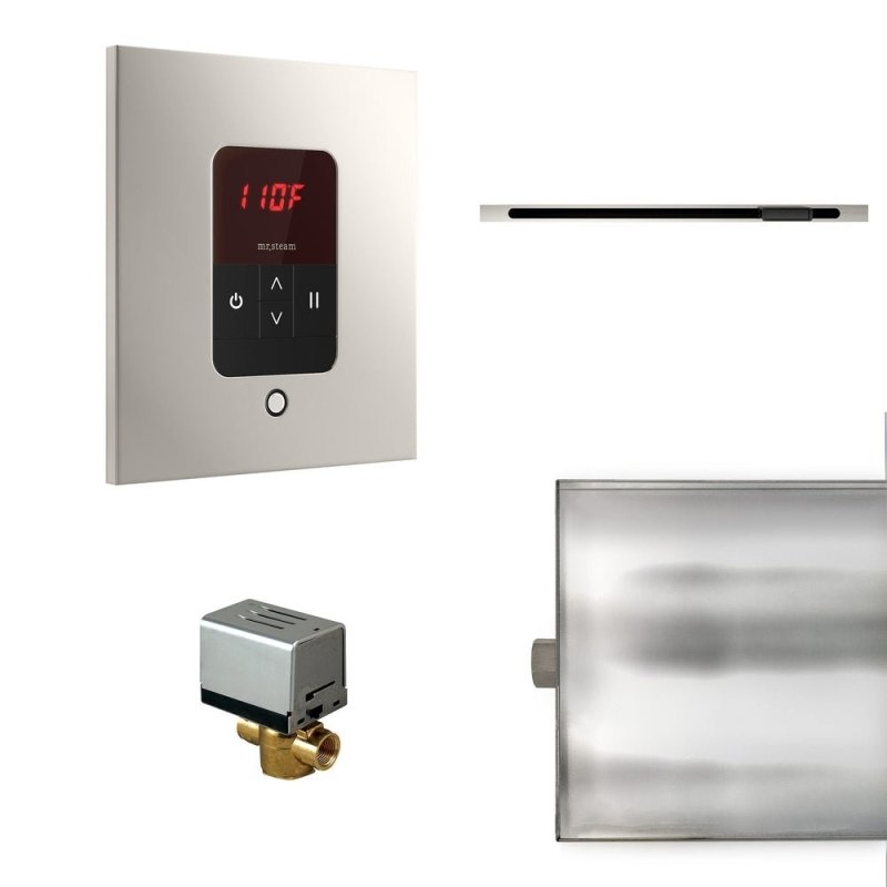 Mr. Steam Basic Butler Linear Steam Shower Control Package with iTempo Control and Linear SteamHead Square - several parts including a valve