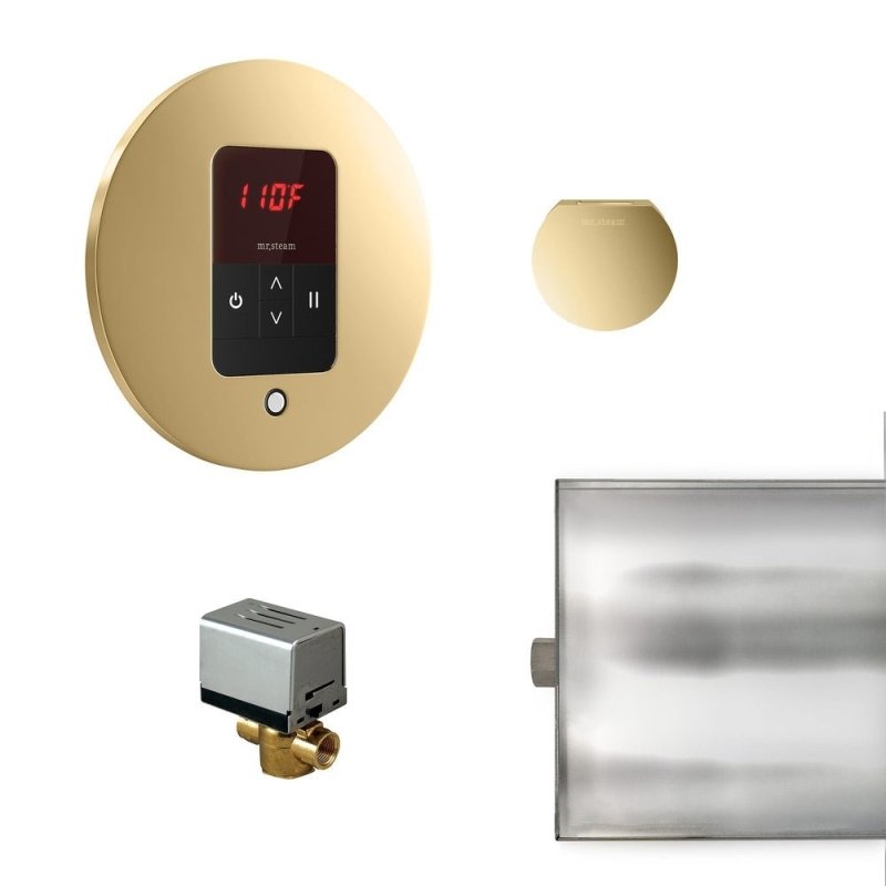 Mr. Steam Basic Butler Steam Shower Control Package with iTempo Control and Aroma Designer SteamHead Round - brass finish