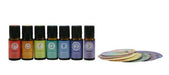 Mr. Steam Chakra Aroma Oil 7 Pack 10 mL Bottle - Bottles with round papers beside them