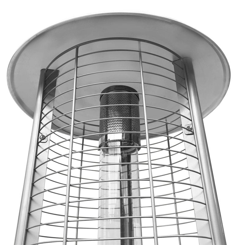 Outdoor Patio Cylinder Propane Space Heater in Silver color showing top part up close 