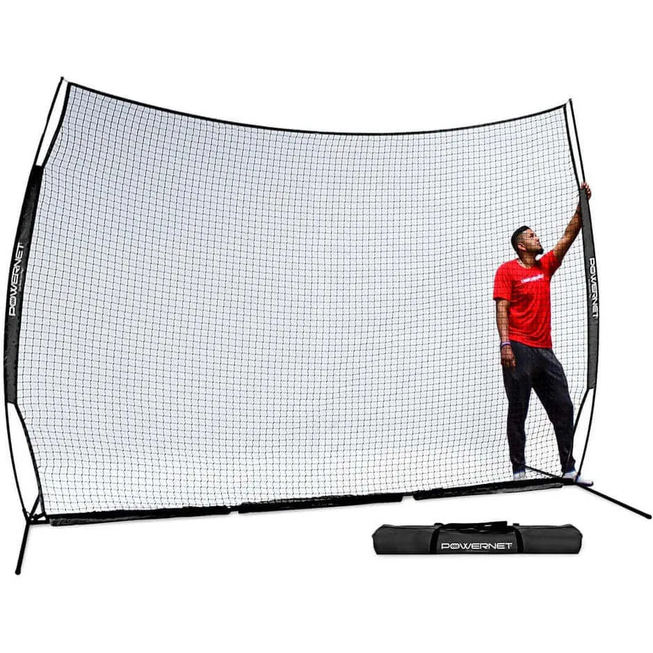 Powernet 12x9 Sports Barrier Net 1021 - a man setting up the net 