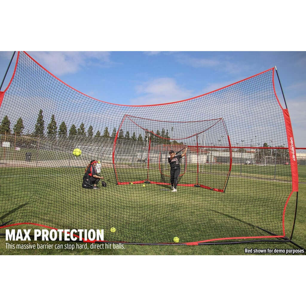 Powernet 16x10 FT Sports Barrier Net 1153 -  A baseball player swings a bat, making contact with a ball inside a batting cage.