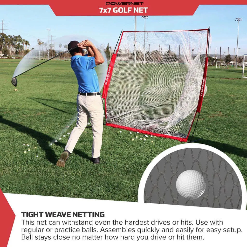 Powernet 7x7 FT Golf Hitting Net 1031 - A golfer practices their swing using a sturdy golf net, enhancing their skills in a backyard setting.