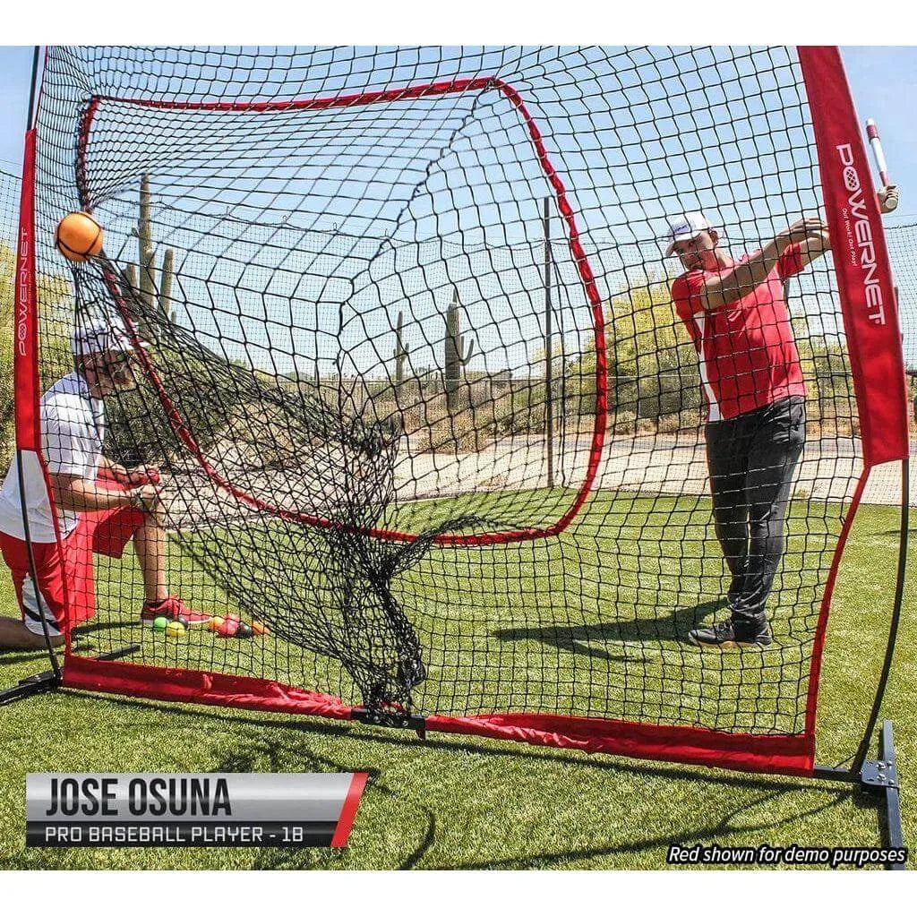 Powernet 8x8 XLP PRO Net 1026 - A close-up of Jose Osuna in a batting cage, focused on hitting a ball in a net