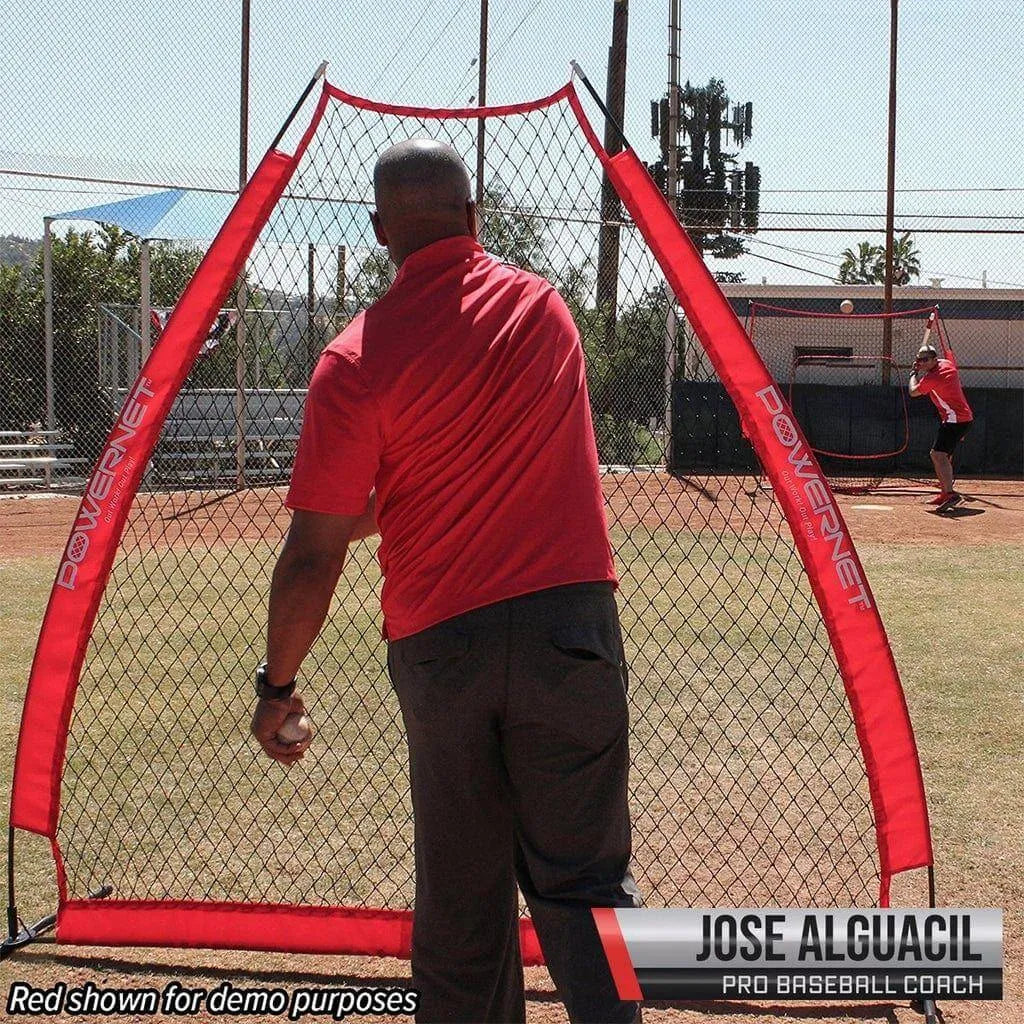 Pro Baseball Coach Jose Alguacil using a Powernet A-Frame Baseball Pitching Screen Net 1002