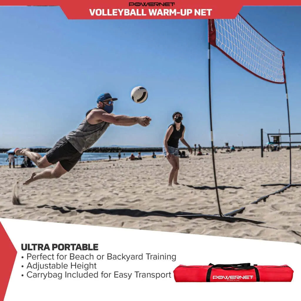 Powernet Freestanding Volleyball Warm Up Net 1178 - set up on a beach
