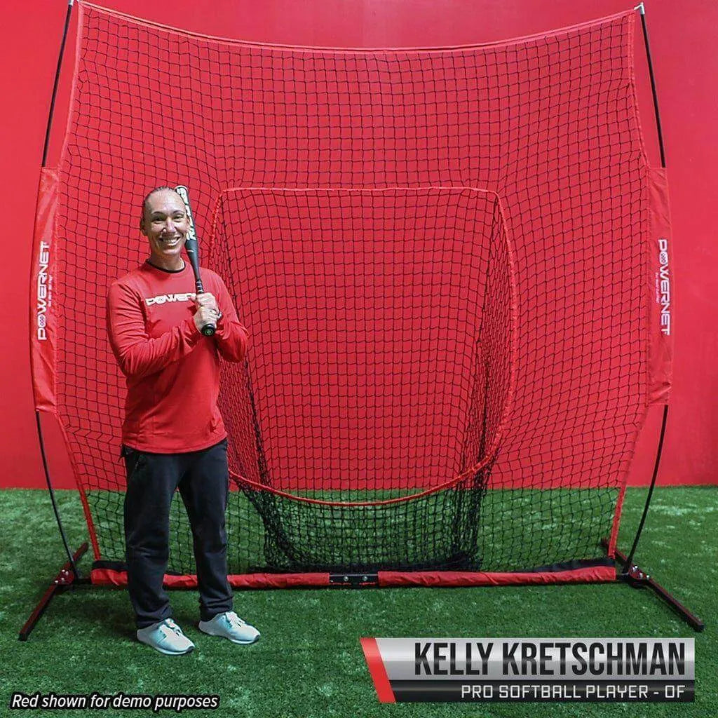 Powernet 8x8 XLP PRO Net 1026 - Kelly Kretschman holding a softball bat beside the net