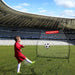 Powernet Rebounder Training Net 1125 - A child in a red soccer uniform kicks a ball towards a portable goal
