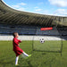 Powernet Rebounder Training Net 1125 - A child in a red soccer uniform kicks a ball towards a portable goal
