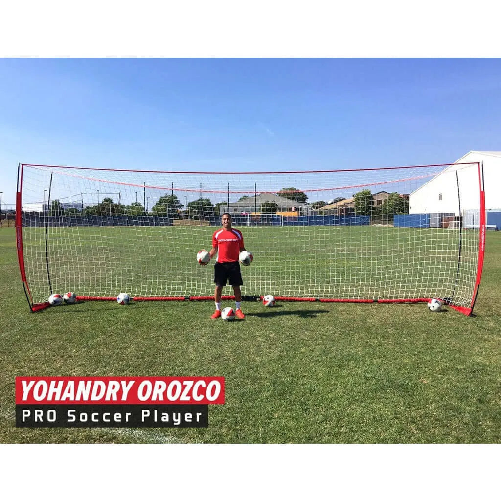 Pro soccer player Yohandry Orozco posing in front of Powernet Soccer Goal Regulation Size 24x8 Net S007