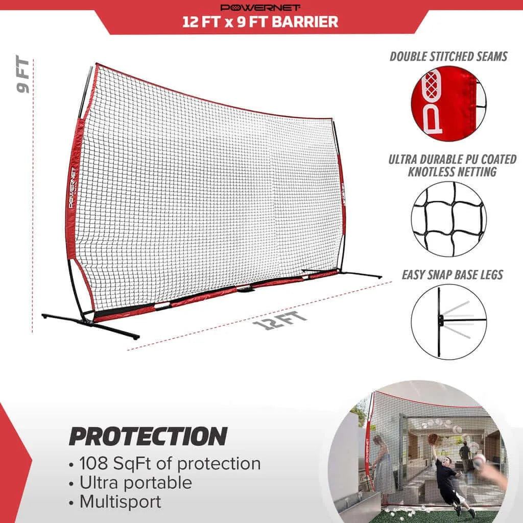 Powernet 12x9 Sports Barrier Net 1021 - measurements and parts illustration