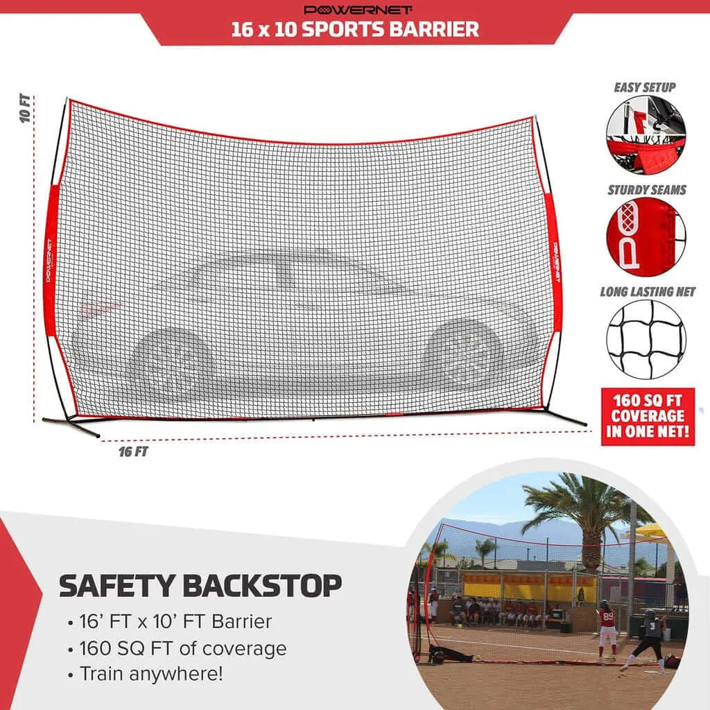 Powernet 16x10 FT Sports Barrier Net 1153 - A barrier net is set up behind home plate on a baseball field, with text highlighting its features and a car parked behind the net for scale.