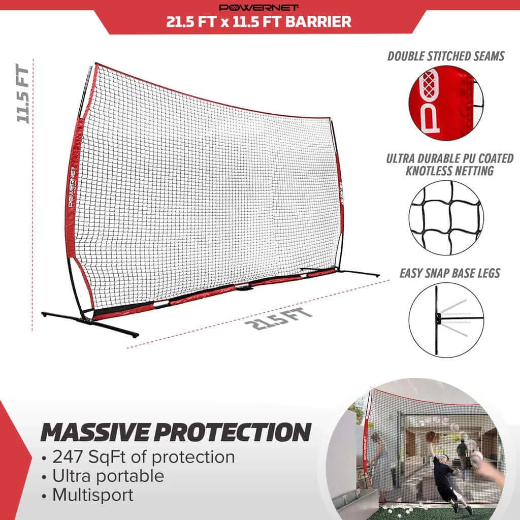 Powernet XL Sports Barrier Net 21.5 x 11.5 FT 1025 - with parts and measurements