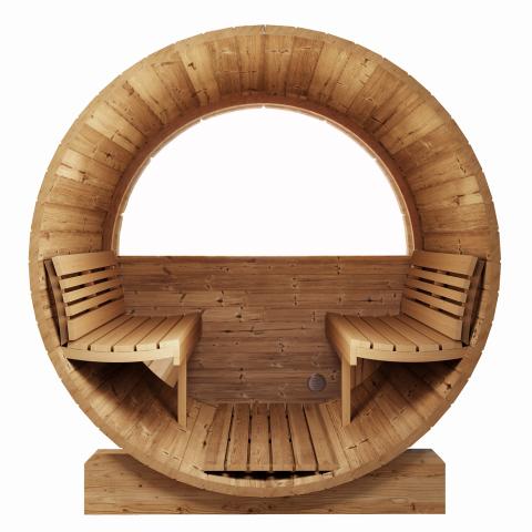 SaunaLife Model E8W Sauna Barrel-Window - a wooden bench in a circle sauna