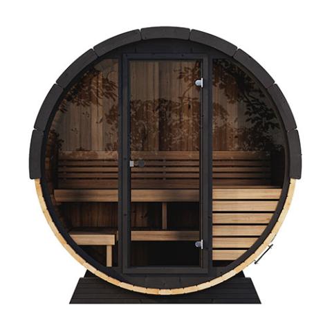 SaunaLife Model EE6G Sauna Barrel - Front 3D view of circular sauna with glass door