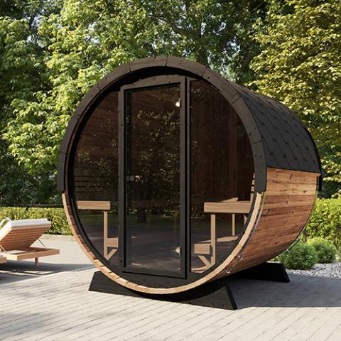 SaunaLife Model EE8G Sauna Barrel - assembled outside with trees in the background