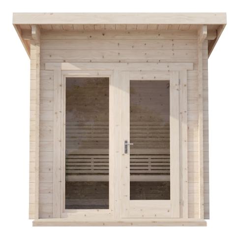 SaunaLife Model G4 Outdoor Home Sauna Kit -Front view of wooden sauna with glass door