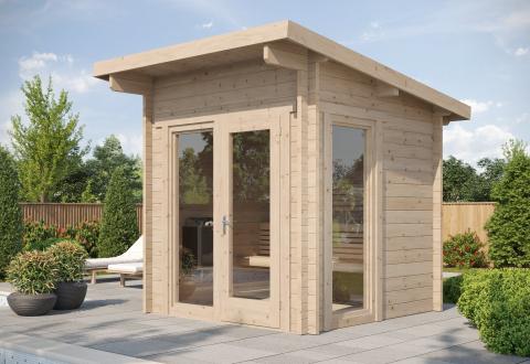 SaunaLife Model G4 Outdoor Home Sauna Kit -a wooden sauna on a patio