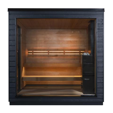 SaunaLife Model G6 Pre-Assembled Outdoor Home Sauna - Front view of black sauna with glass door