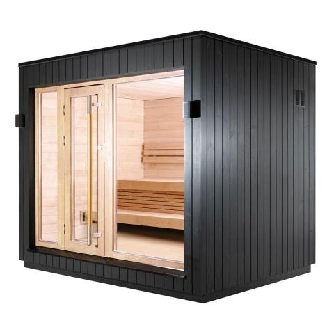 SaunaLife Model G7S Pre-Assembled Outdoor Home Sauna with Bluetooth Audio - a black rectangular sauna with glass doors