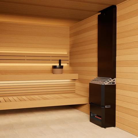 Saunum AIR 10 Air Series, 9.6kW Sauna Heater w/Climate Equalizer - Color: Black, Stainless inside a wooden room 