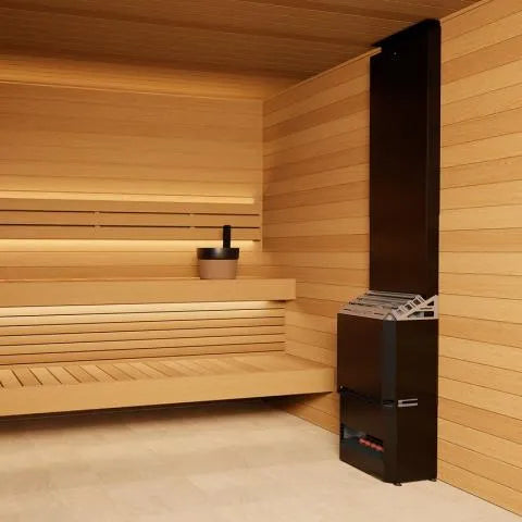 Saunum AIR 10 WiFi Sauna Heater Package - on the floor next to a bench 