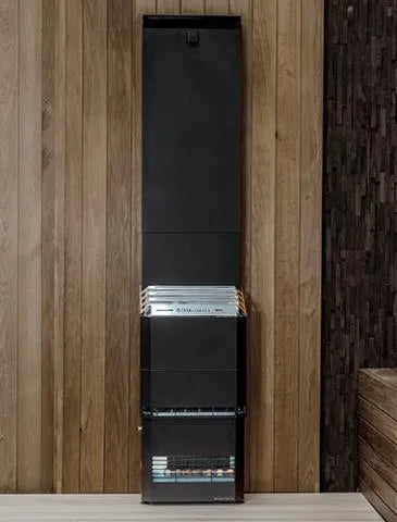 Saunum AIR 5 WiFi Sauna Heater Package -  placed against a wooden wall