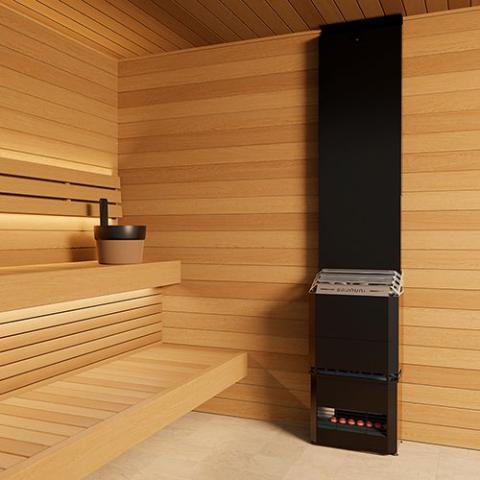 Saunum AIR 7 WiFi Sauna Heater Package - against a wooden wall