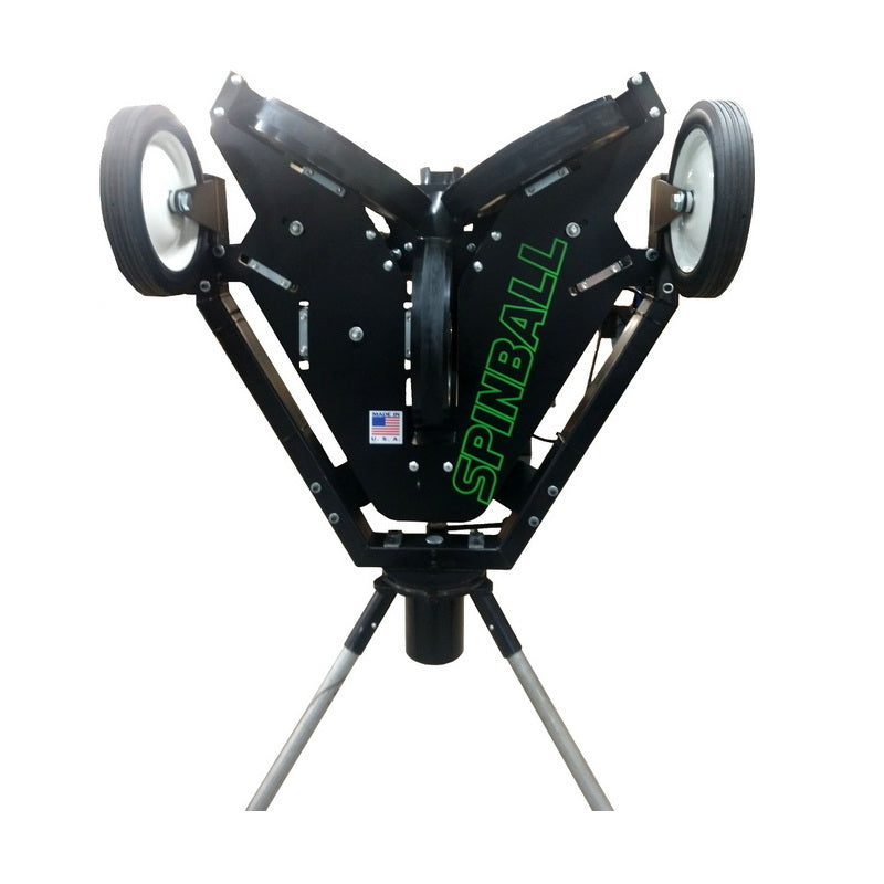 Spinball Wizard 3 Wheel Baseball Pitching Machine - machine with wheels and stand