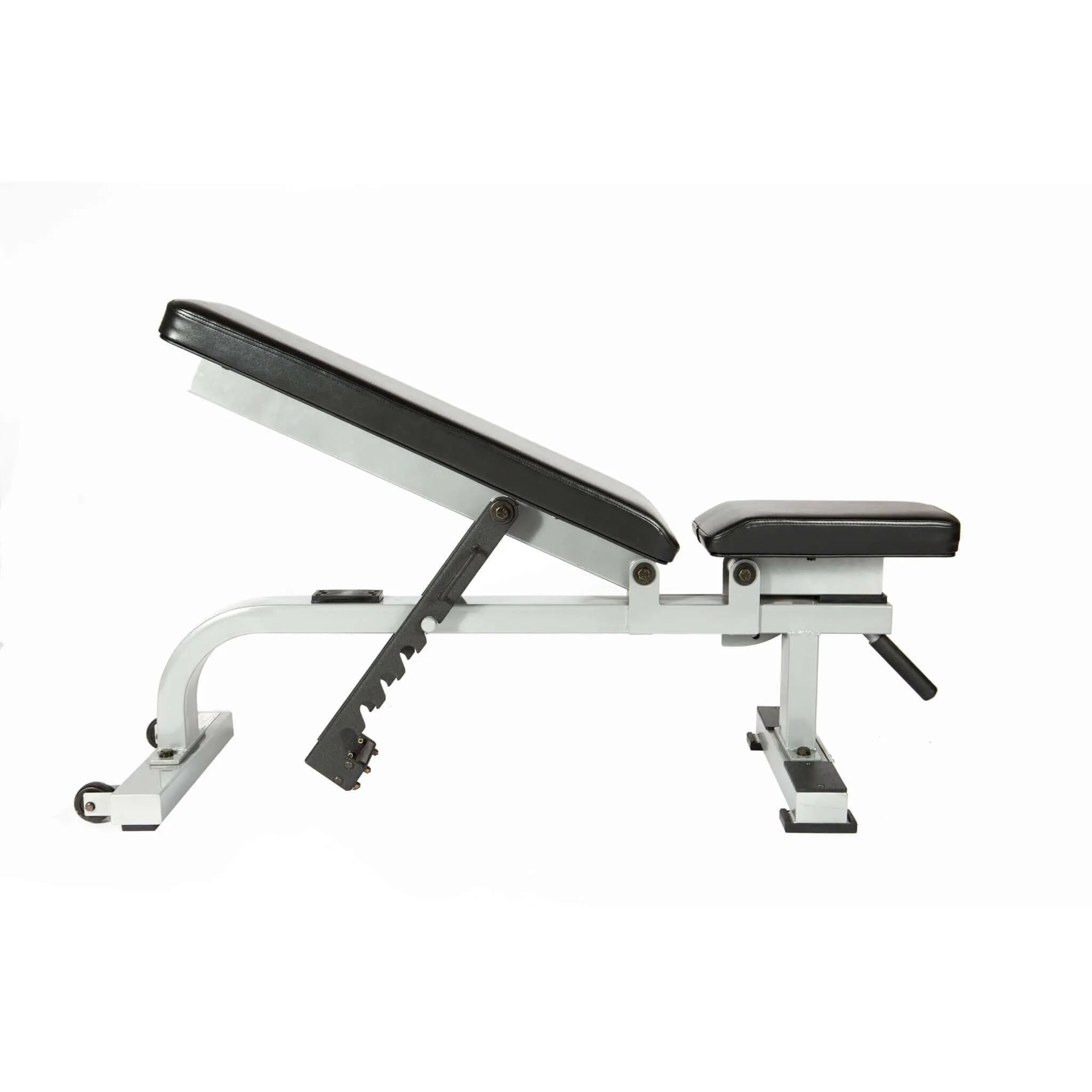 York Barbell STS Flat To Incline Bench - Side view of incline bench with a lever for adjusting the backrest angle.