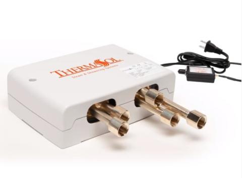 ThermaSol Total Wellness Hydrovive Package with 7" ThermaTouch and Square | TWPH7S - a white box with copper pipes