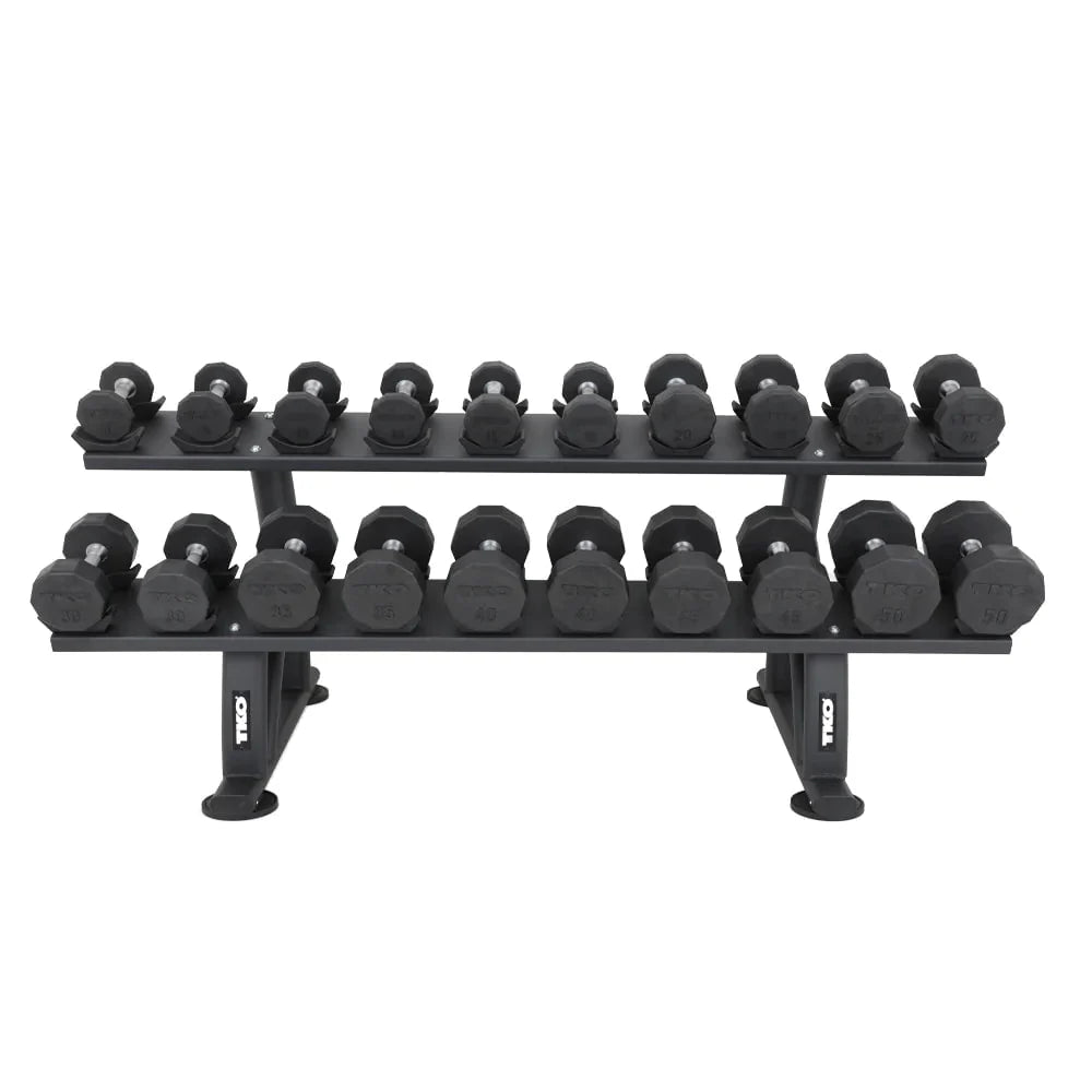 TKO 10-Sided Rubber Dumbbell Set With Rack - dumbbells arranged  horizontally