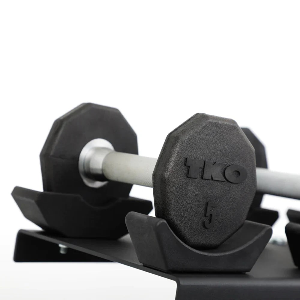 TKO 10-Sided Rubber Dumbbell Set With Rack - one dumbbell with white handle