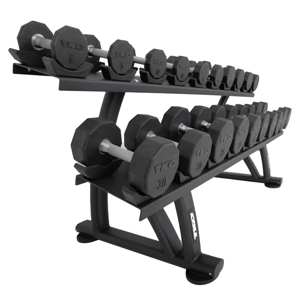 TKO 10-Sided Rubber Dumbbell Set With Rack - closer look of dumbbells with labels