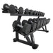 TKO 10-Sided Rubber Dumbbell Set With Rack - closer look of dumbbells with labels