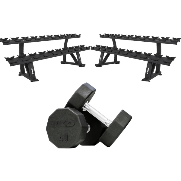 TKO 10-Sided Rubber Dumbbell Set With Rack - pair of dumbbell and metal rack