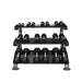 TKO 3 Tier Commercial Dumbbell Rack 890HDR - front view of dumbbells in the 3-tier rack